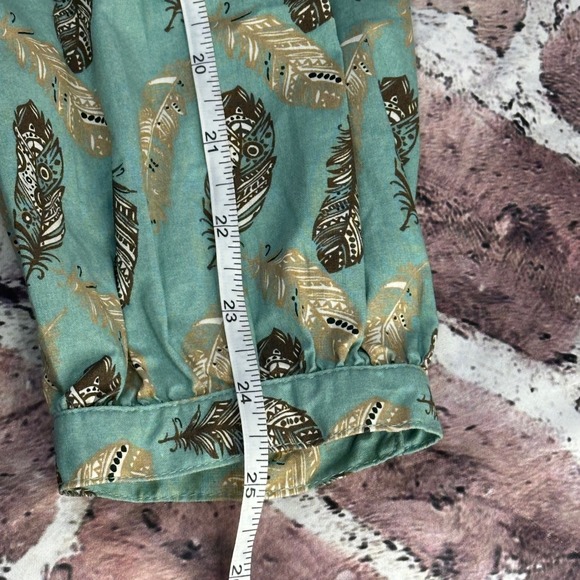 Bit & Bridle Women Teal Feather Print Pintuck Boho Blouse Top X-Large Cow Girl - Picture 11 of 13